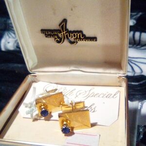 Avon Gold Earrings with Deep Blue Stone